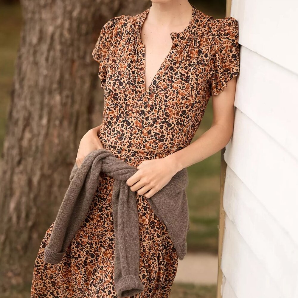 Breezy Animal Print Split Collar Mini A-line Ruffle-Sleeve Sundress